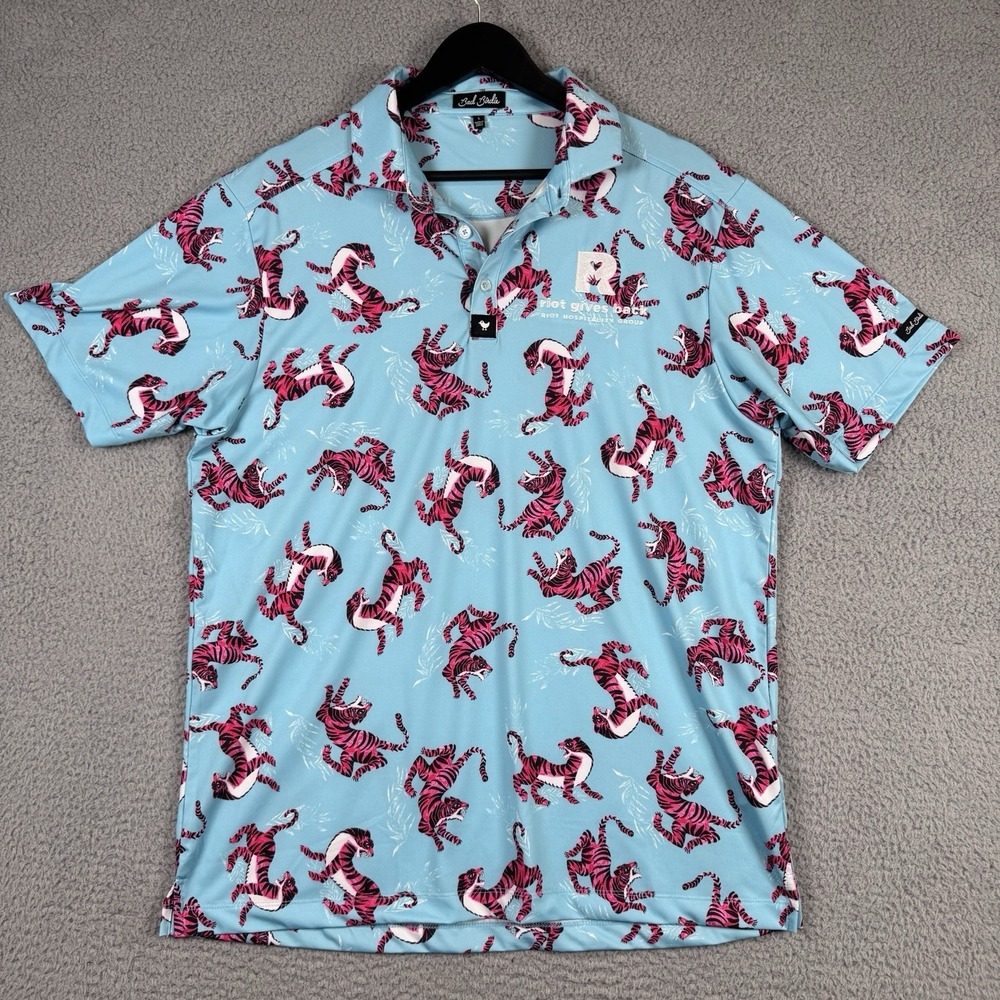 Bad Birdie Polo Mens Large Blue‎ Tiger Watch Print Performance Stretch Golf LOGO